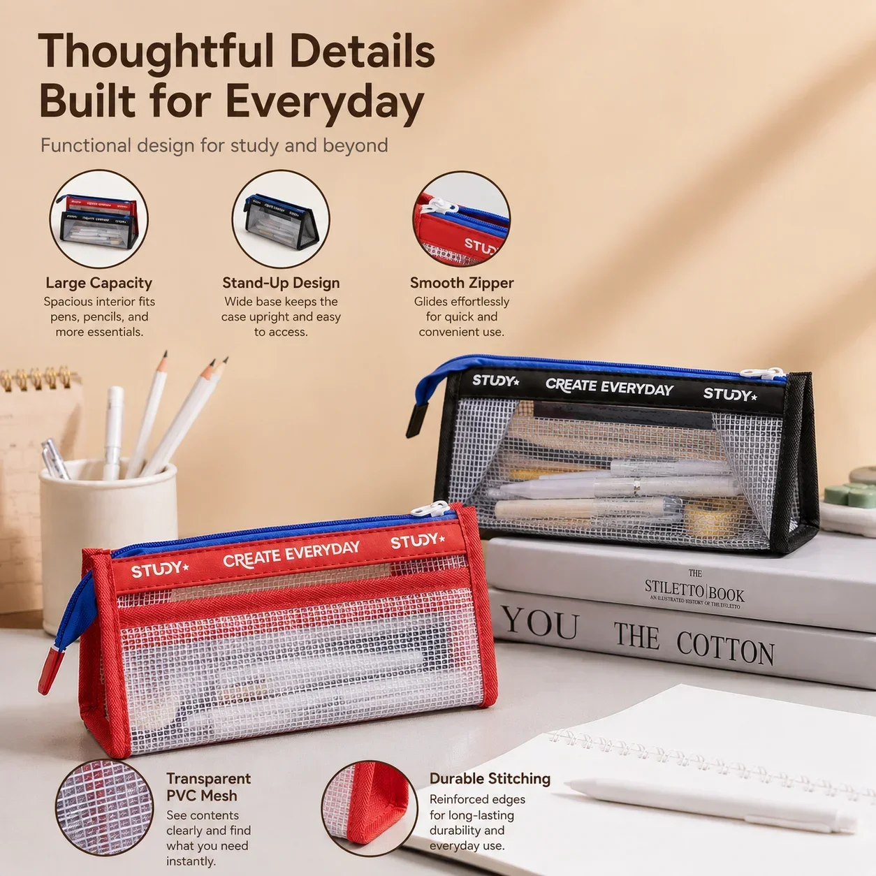 Aesthetic Large Pencil Case Pouch - Astuccio Trasparente, Portapenne di Grande Capacità